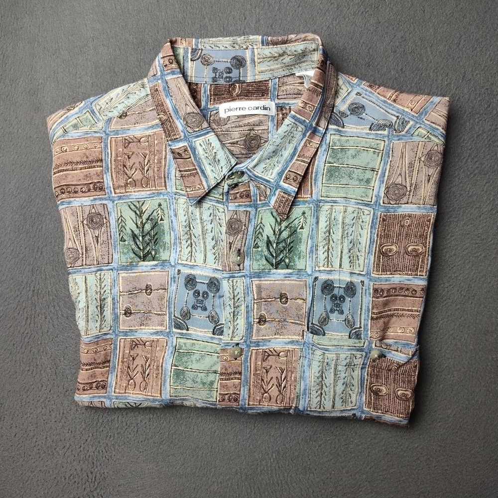 Vintage Pierre Cardin Shirt Mens Large Blue Green Brown Rayon Abstract Print 90s - Picture 4 of 8